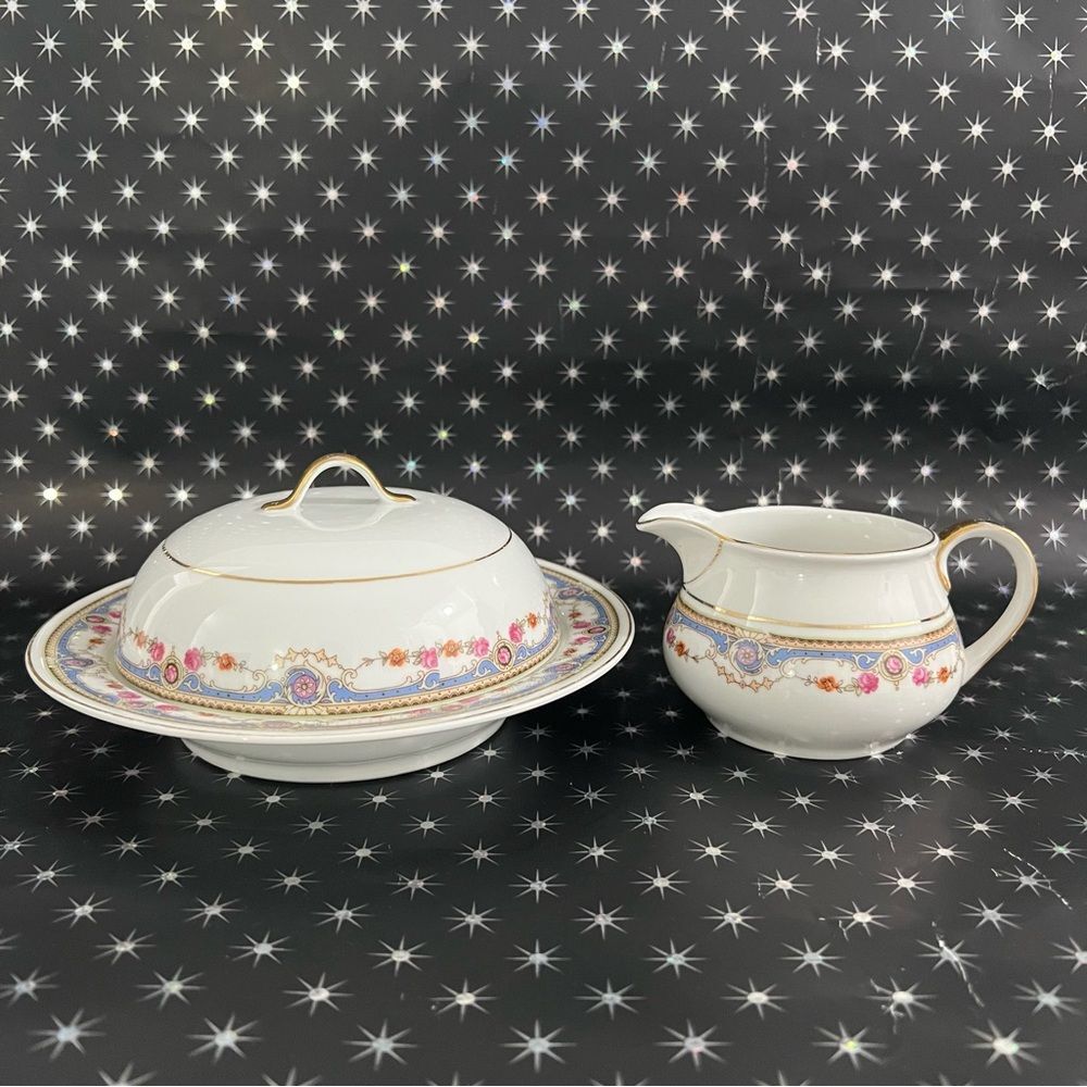 Vintage TK Thuny Czechoslovakia Porcelain Round Domed Lid Butter Dish & Creamer